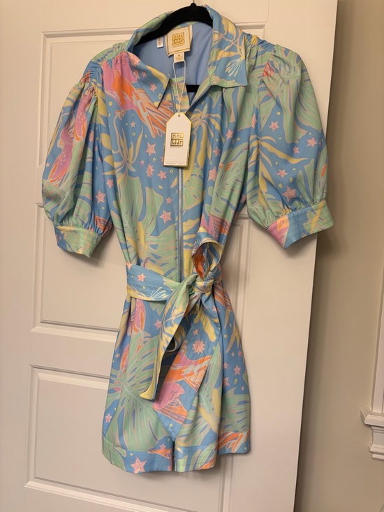 Emily Mccarthy Pants - NWT Emily McCarthy Blue Tropical Print Short Romper with Tie Waist